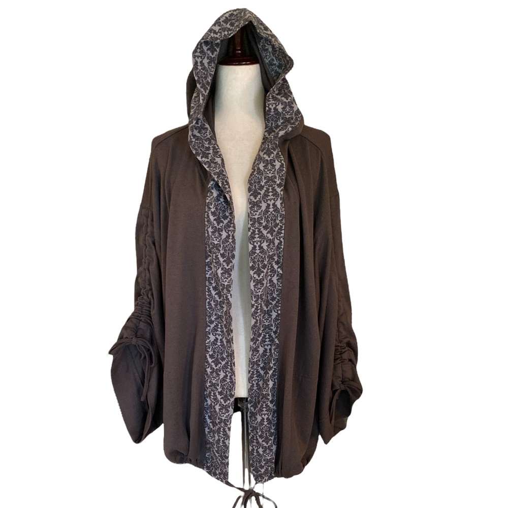 Easel Anthropologie Brown Gray Damask Ruched Bell Sleeve Drawstring Hoodie - M